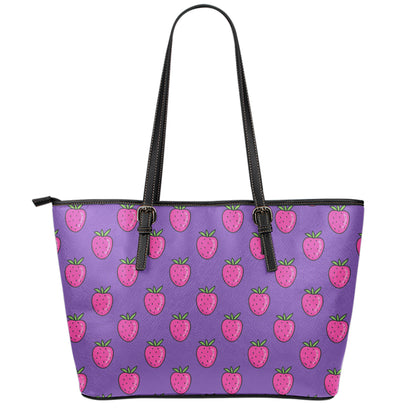 Purple Strawberry Pattern Print Leather Tote Bag