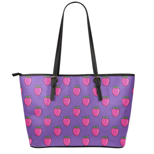 Purple Strawberry Pattern Print Leather Tote Bag