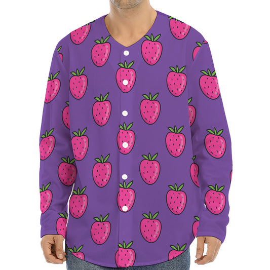 Purple Strawberry Pattern Print Long Sleeve Baseball Jersey