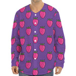 Purple Strawberry Pattern Print Long Sleeve Baseball Jersey