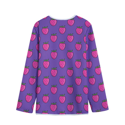 Purple Strawberry Pattern Print Long Sleeve Short Coat