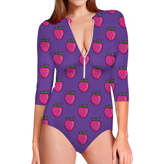 Purple Strawberry Pattern Print Long Sleeve Swimsuit