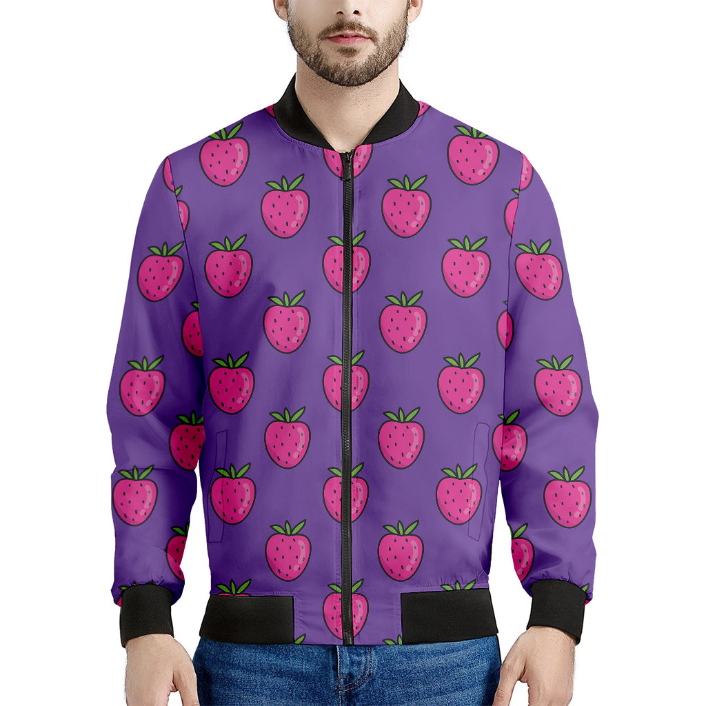 Purple Strawberry Pattern Print Men's Bomber Jacket