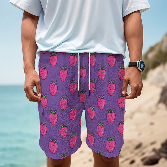 Purple Strawberry Pattern Print Men's Cargo Shorts