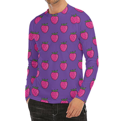 Purple Strawberry Pattern Print Men's Long Sleeve Rash Guard