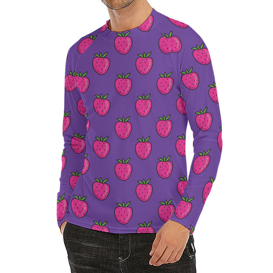 Purple Strawberry Pattern Print Men's Long Sleeve Rash Guard