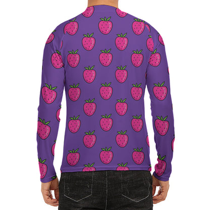 Purple Strawberry Pattern Print Men's Long Sleeve Rash Guard