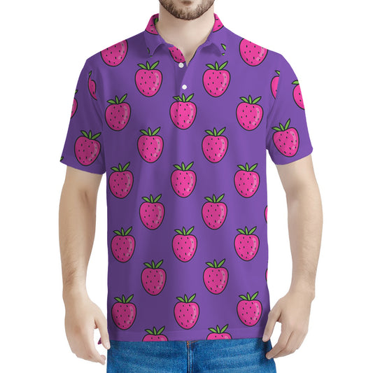 Purple Strawberry Pattern Print Men's Polo Shirt