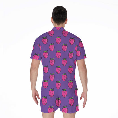 Purple Strawberry Pattern Print Men's Rompers