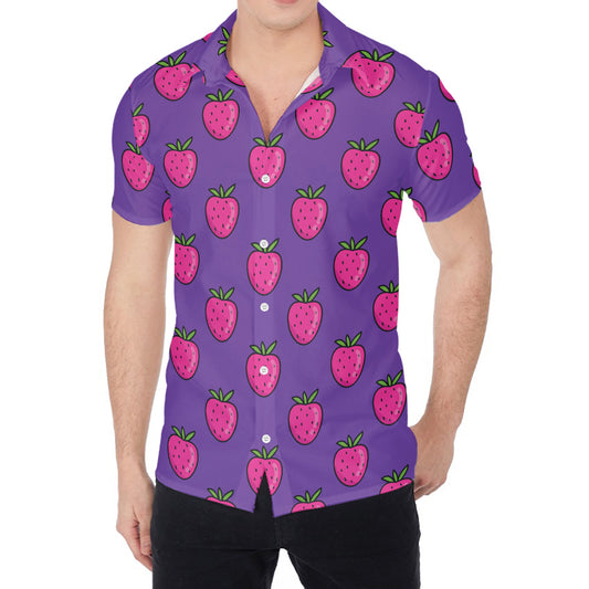 Purple Strawberry Pattern Print Men's Shirt