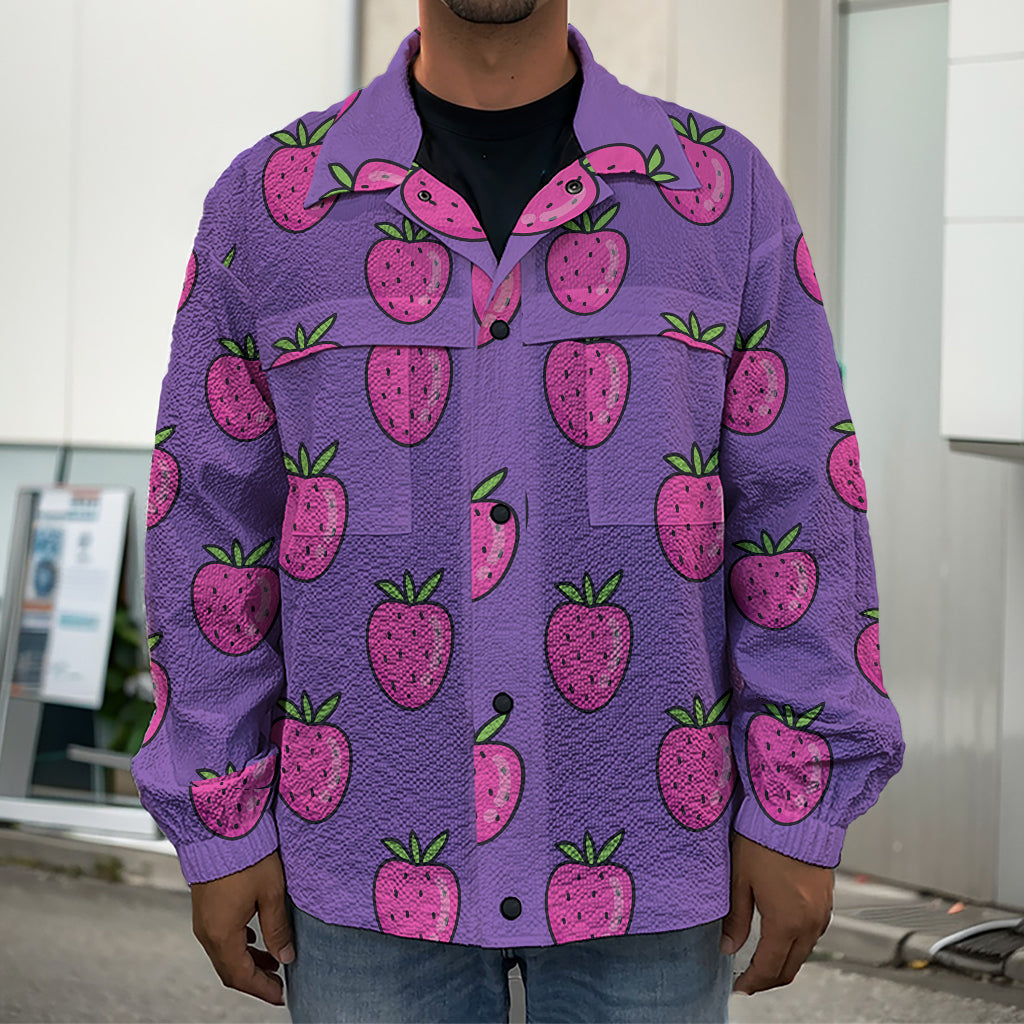 Purple Strawberry Pattern Print Men's Shirt Jacket