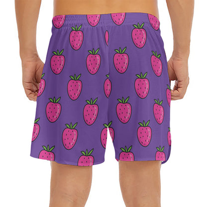 Purple Strawberry Pattern Print Men's Split Running Shorts