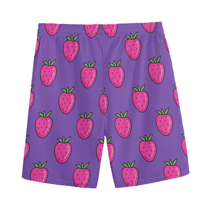 Purple Strawberry Pattern Print Men's Sports Shorts