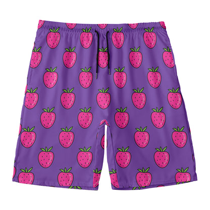Purple Strawberry Pattern Print Men's Swim Trunks