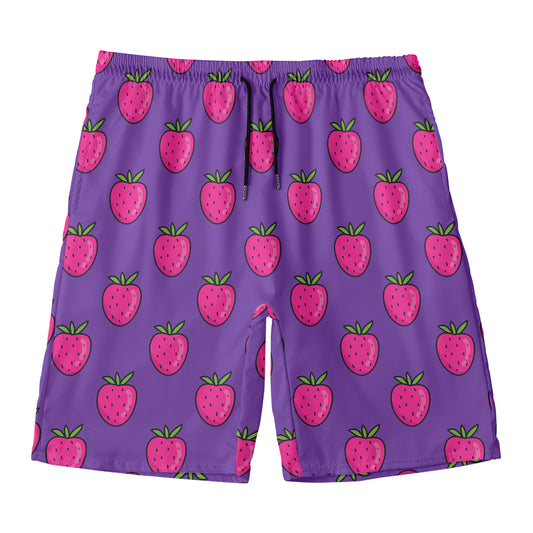 Purple Strawberry Pattern Print Men's Swim Trunks
