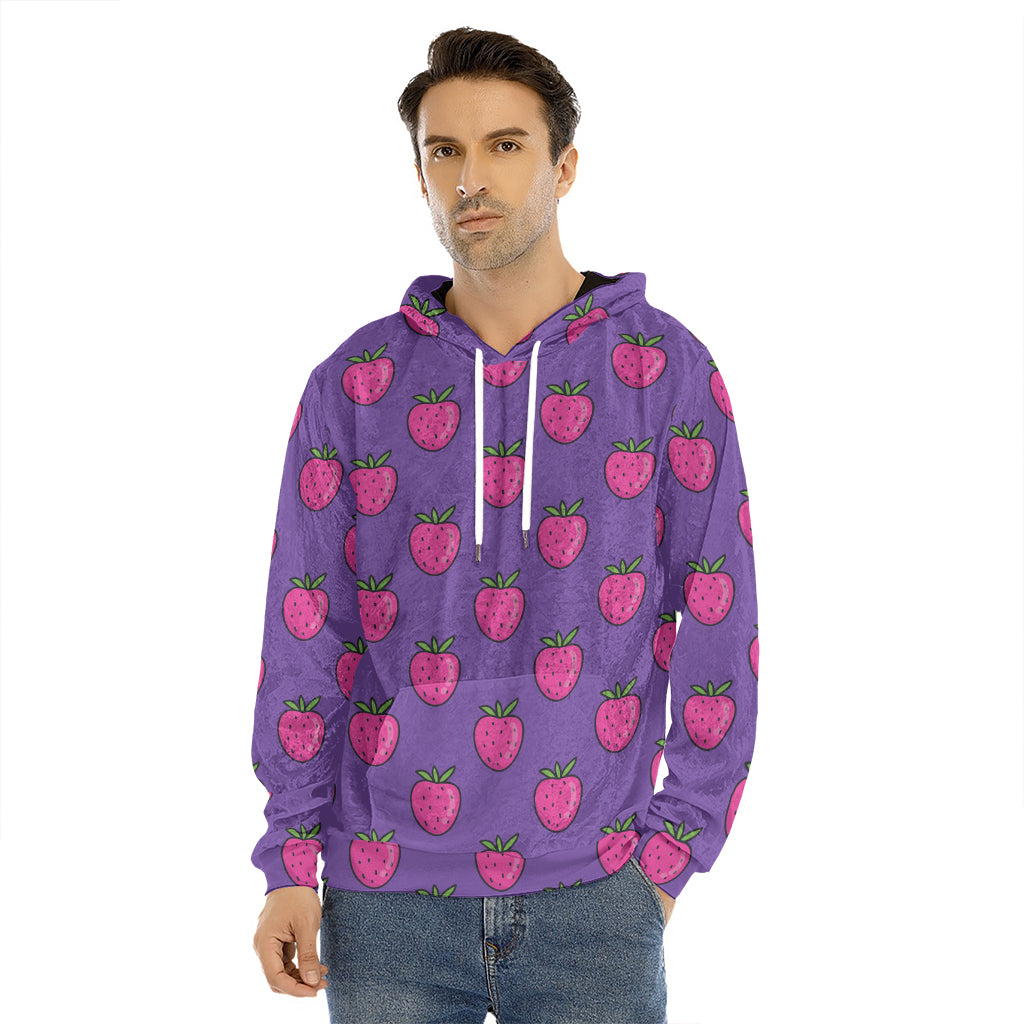Purple Strawberry Pattern Print Men's Velvet Pullover Hoodie