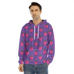 Purple Strawberry Pattern Print Men's Velvet Pullover Hoodie