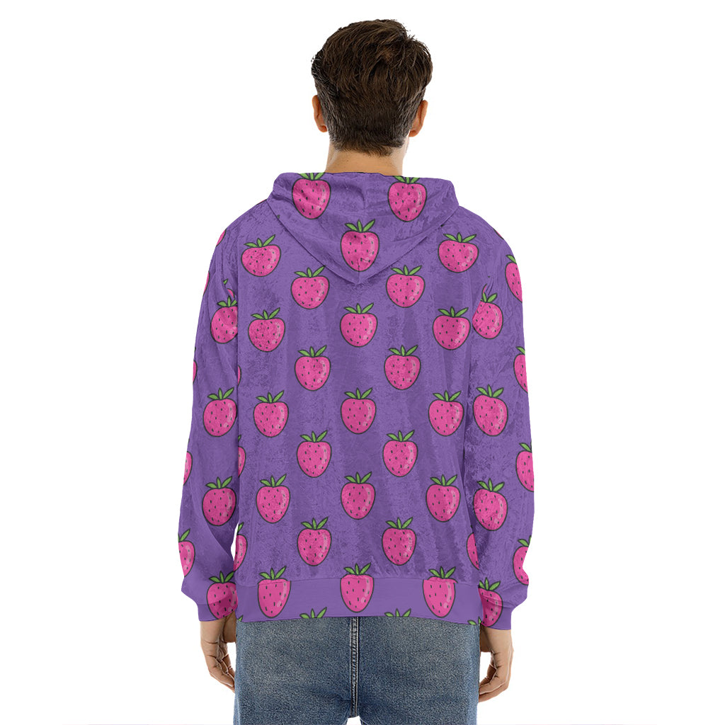 Purple Strawberry Pattern Print Men's Velvet Pullover Hoodie