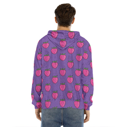 Purple Strawberry Pattern Print Men's Velvet Pullover Hoodie