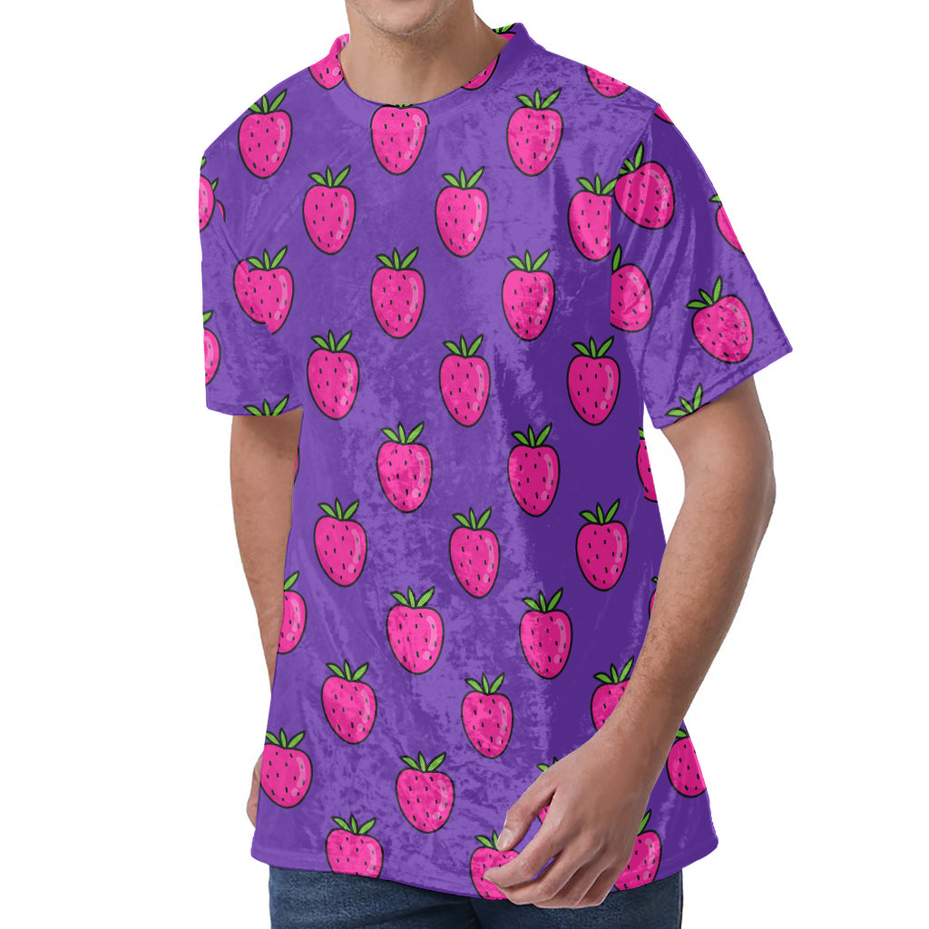 Purple Strawberry Pattern Print Men's Velvet T-Shirt