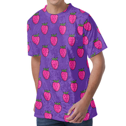 Purple Strawberry Pattern Print Men's Velvet T-Shirt