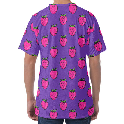 Purple Strawberry Pattern Print Men's Velvet T-Shirt