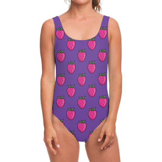 Purple Strawberry Pattern Print One Piece Swimsuit