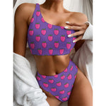 Purple Strawberry Pattern Print One Shoulder Bikini Top