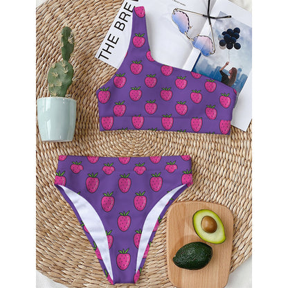 Purple Strawberry Pattern Print One Shoulder Bikini Top