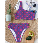 Purple Strawberry Pattern Print One Shoulder Bikini Top