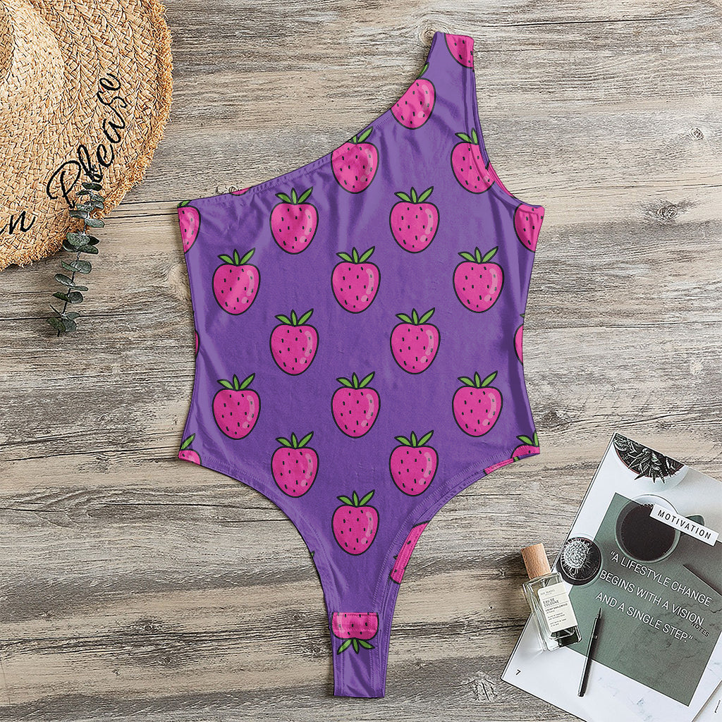 Purple Strawberry Pattern Print One Shoulder Bodysuit
