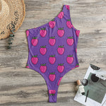 Purple Strawberry Pattern Print One Shoulder Bodysuit
