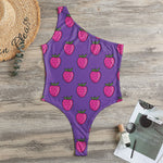 Purple Strawberry Pattern Print One Shoulder Bodysuit