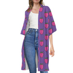 Purple Strawberry Pattern Print Open Front Beach Cover Up