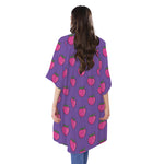 Purple Strawberry Pattern Print Open Front Beach Cover Up