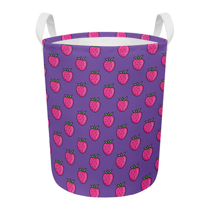 Purple Strawberry Pattern Print Round Laundry Basket