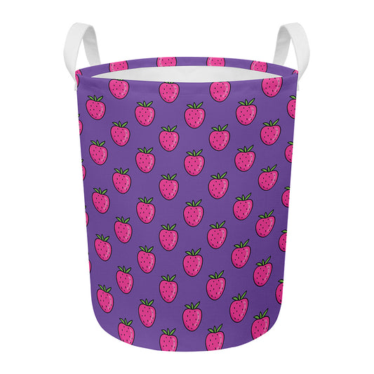 Purple Strawberry Pattern Print Round Laundry Basket