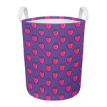Purple Strawberry Pattern Print Round Laundry Basket