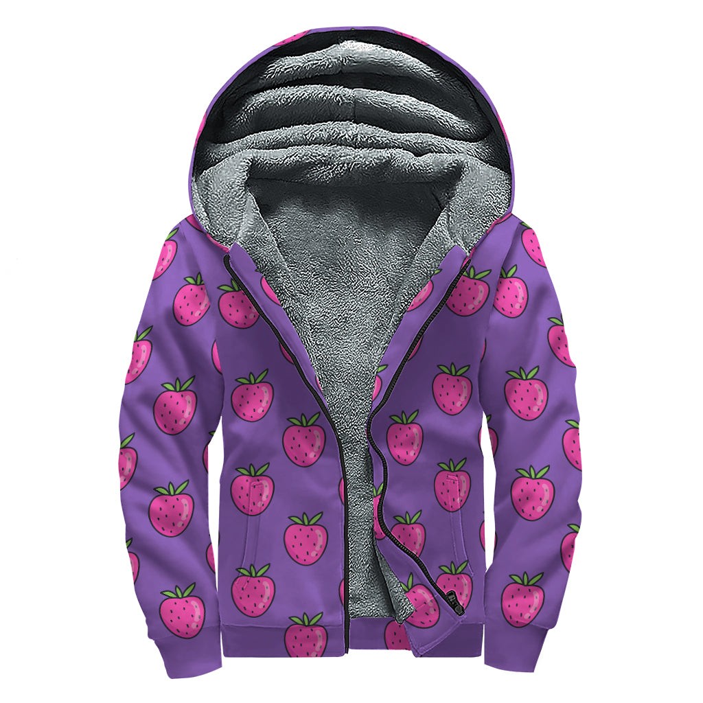 Purple Strawberry Pattern Print Sherpa Lined Zip Up Hoodie