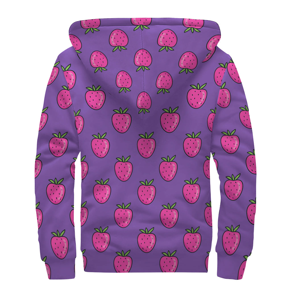 Purple Strawberry Pattern Print Sherpa Lined Zip Up Hoodie