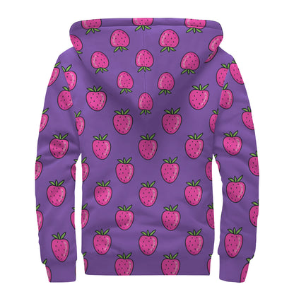 Purple Strawberry Pattern Print Sherpa Lined Zip Up Hoodie