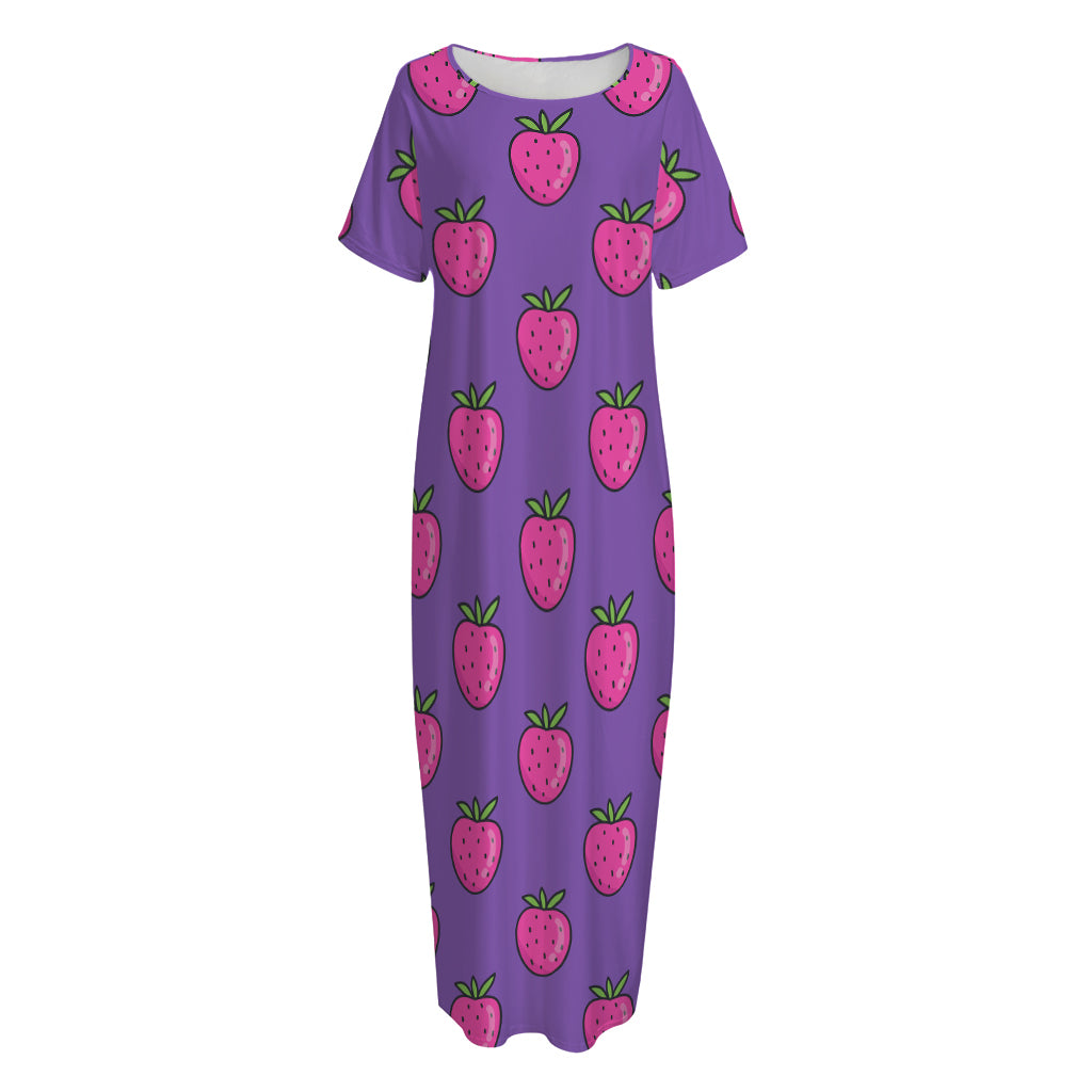 Purple Strawberry Pattern Print Short Sleeve Long Nightdress
