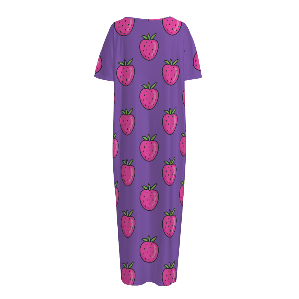 Purple Strawberry Pattern Print Short Sleeve Long Nightdress