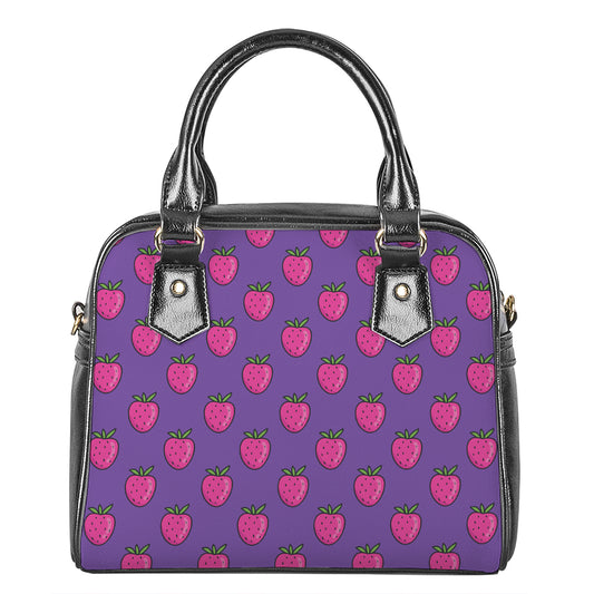 Purple Strawberry Pattern Print Shoulder Handbag