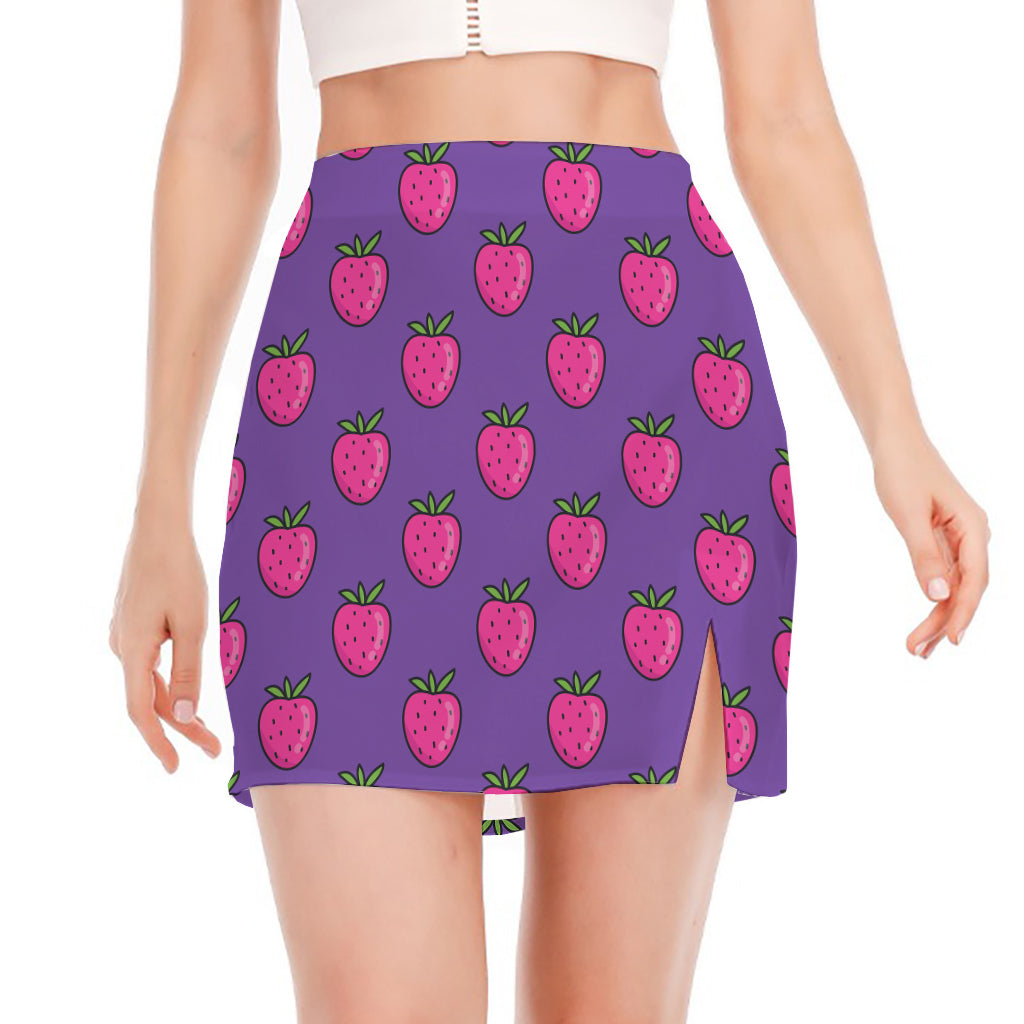 Purple Strawberry Pattern Print Side Slit Mini Skirt