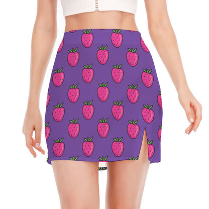 Purple Strawberry Pattern Print Side Slit Mini Skirt