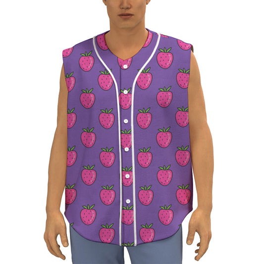Purple Strawberry Pattern Print Sleeveless Baseball Jersey