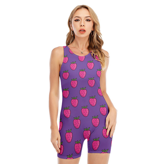Purple Strawberry Pattern Print Sleeveless One Piece Swimsuit