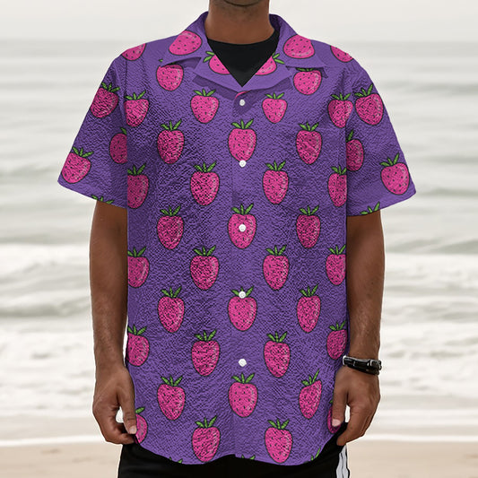 Purple Strawberry Pattern Print Textured Short Sleeve Shirt