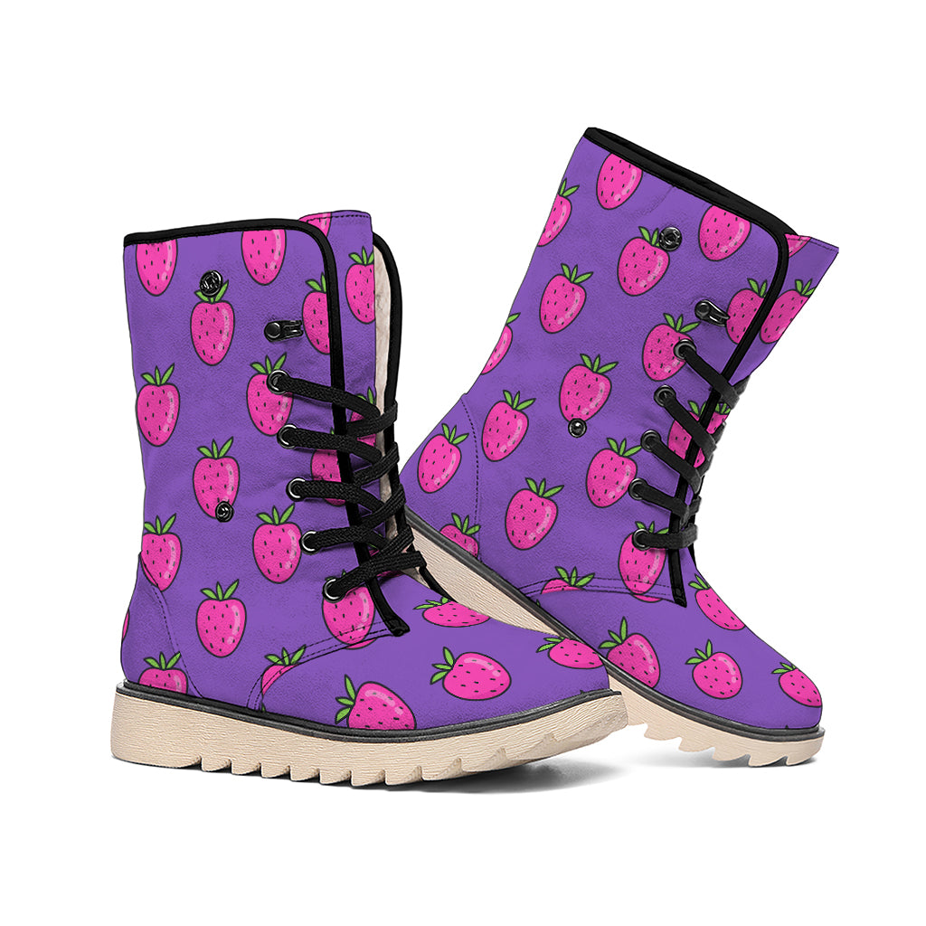 Purple Strawberry Pattern Print Winter Boots